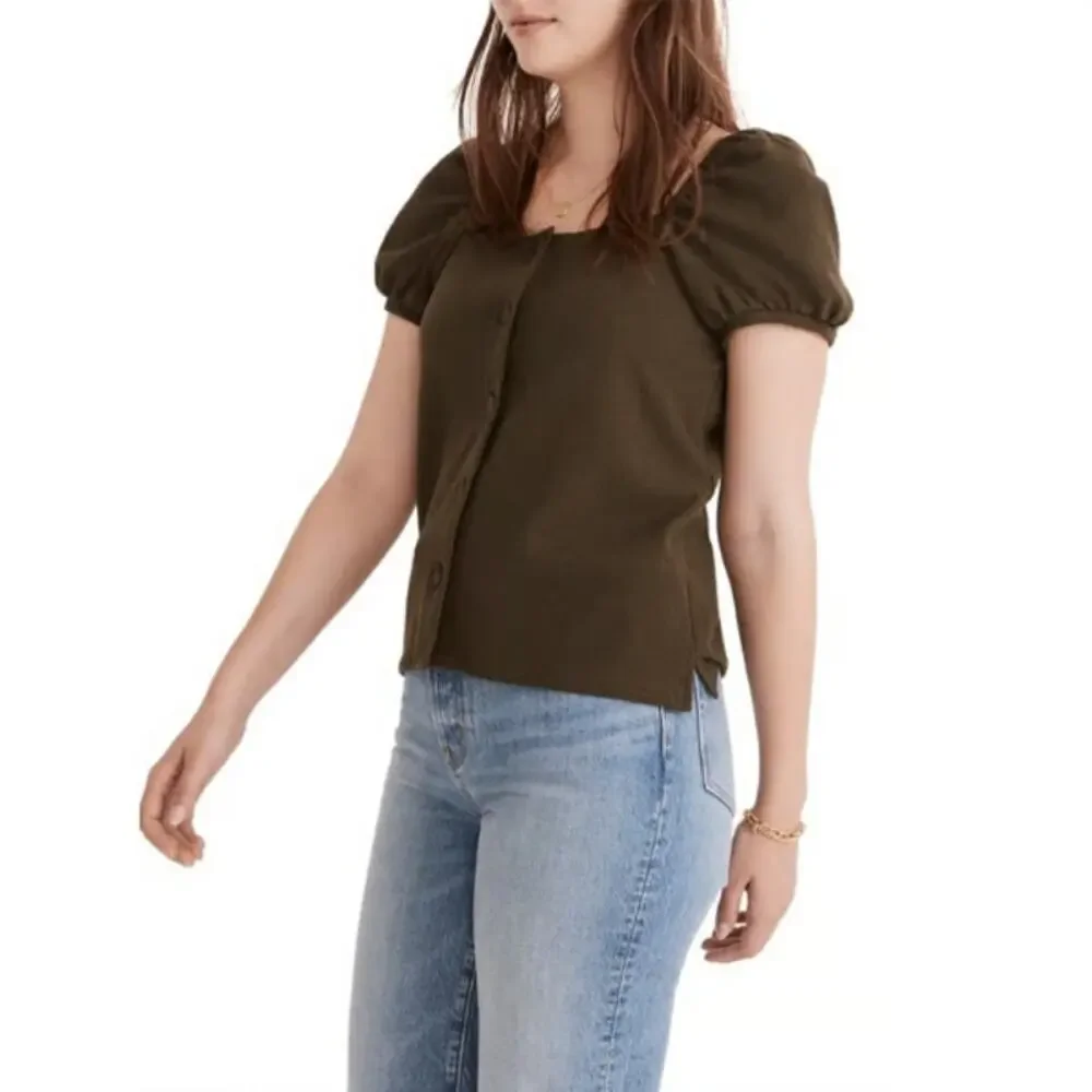 New MADEWELL Women's Deep Green Puff Sleeves Jacquard Square Neck Top Size S